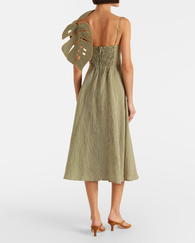 Striped Monstera Leaf Sleeveless Midi Dress