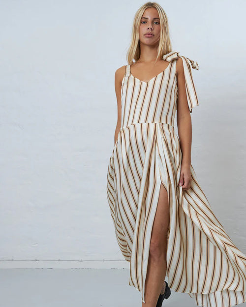 Sand Striped Strap Dress with Bow Detail