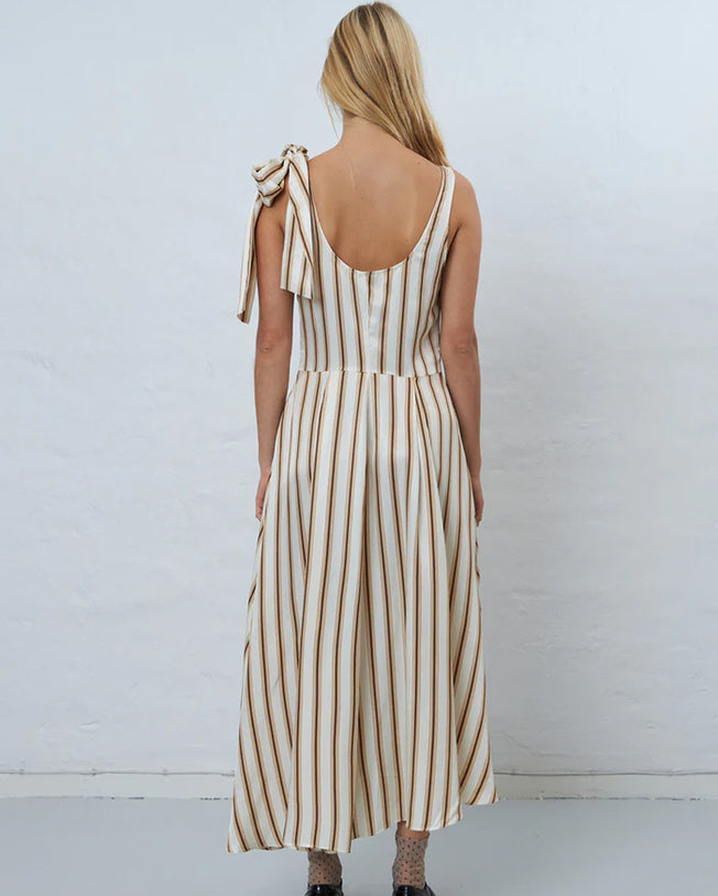 Sand Striped Strap Dress with Bow Detail