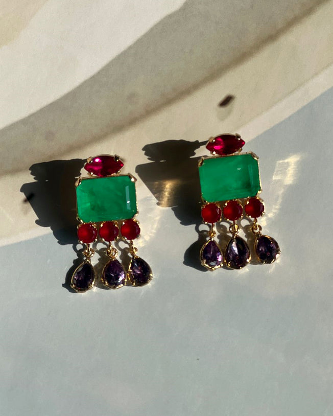 Sultana Earrings With Green Paraiba, Ruby And Amatis Zircon Stones