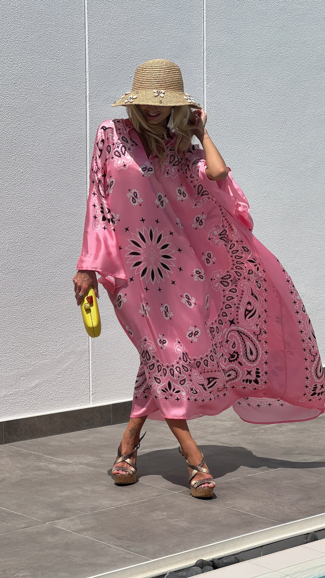 Silk Bandana Print Caftan - Bubblegum Pink