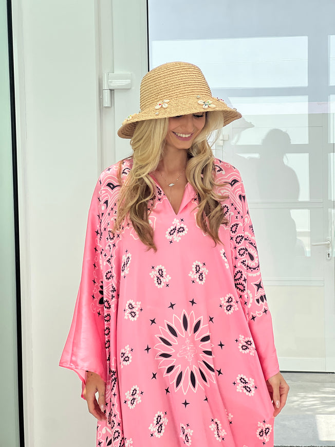 Silk Bandana Print Caftan - Bubblegum Pink