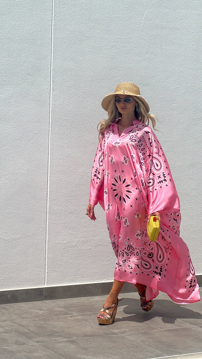Silk Bandana Print Caftan - Bubblegum Pink
