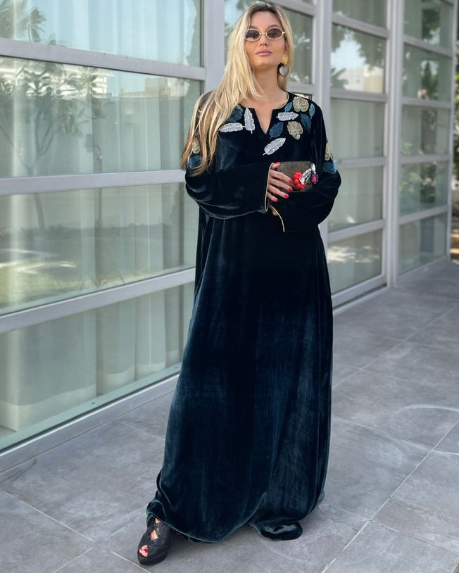 Teal Blue Velvet Round Neck with V-Slit Opening Cutdana Leaf Motifs Hand Emb Around the Neck & On Sleeves Jalabiya