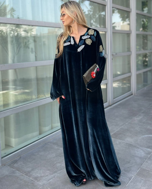 Teal Blue Velvet Round Neck with V-Slit Opening Cutdana Leaf Motifs Hand Emb Around the Neck & On Sleeves Jalabiya