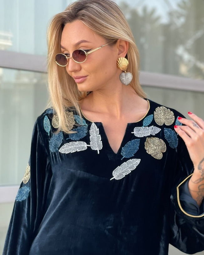 Teal Blue Velvet Round Neck with V-Slit Opening Cutdana Leaf Motifs Hand Emb Around the Neck & On Sleeves Jalabiya