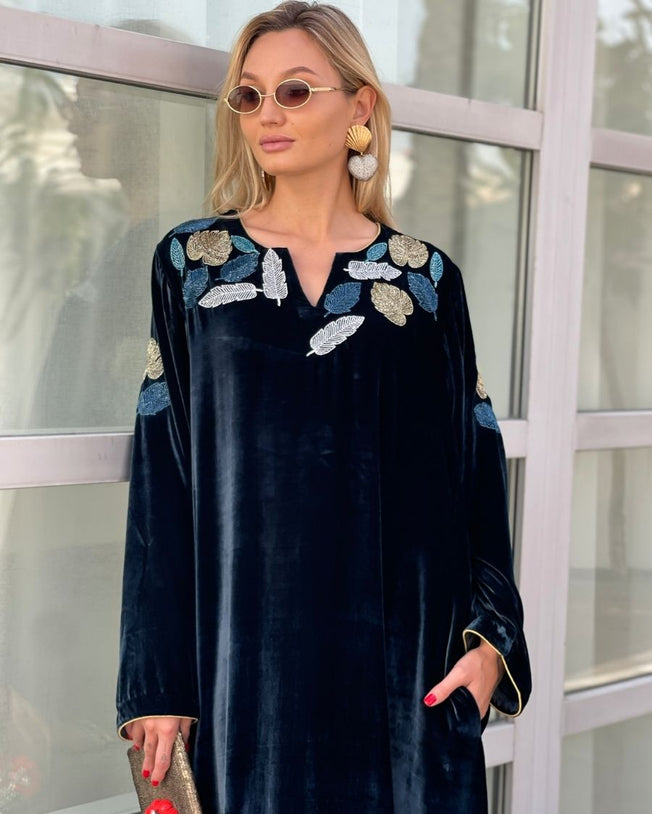 Teal Blue Velvet Round Neck with V-Slit Opening Cutdana Leaf Motifs Hand Emb Around the Neck & On Sleeves Jalabiya