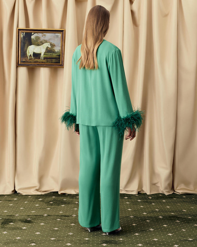 The Bow Pajama Set with Detachable Feathers in Green