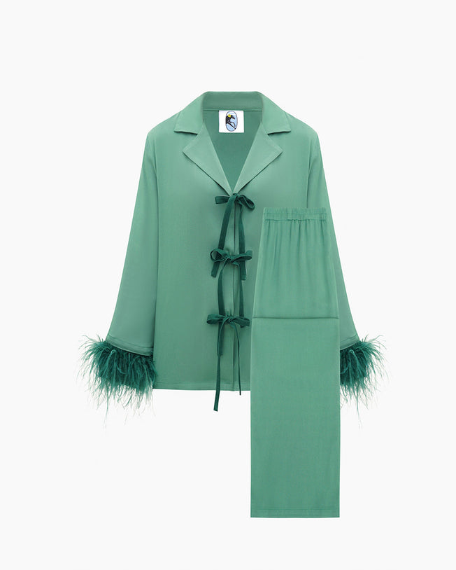 The Bow Pajama Set with Detachable Feathers in Green
