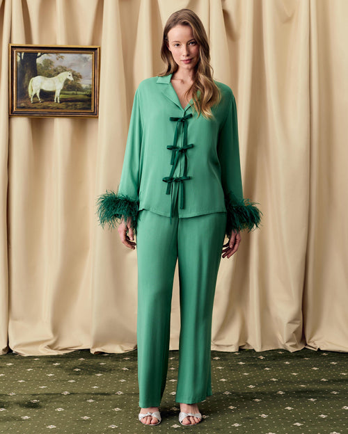 The Bow Pajama Set with Detachable Feathers in Green