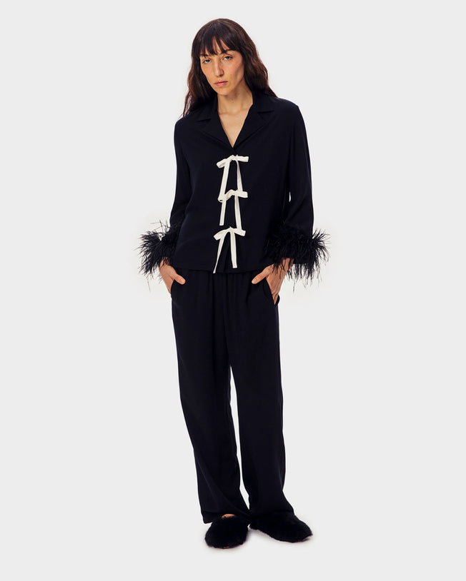 The Bow Pajama Set with Detachable Feathers in Black