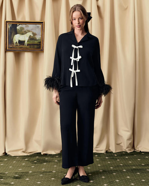 The Bow Pajama Set in Black with Detachable Feathers