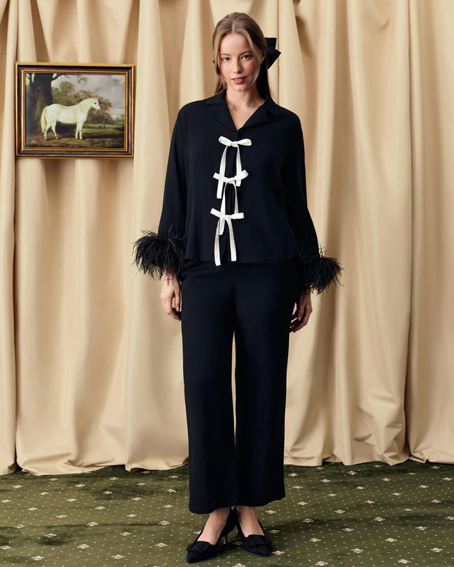 The Bow Pajama Set in Black with Detachable Feathers