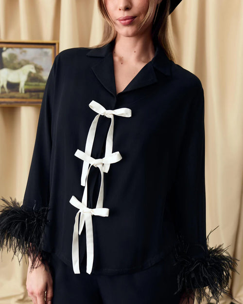 The Bow Pajama Set in Black with Detachable Feathers