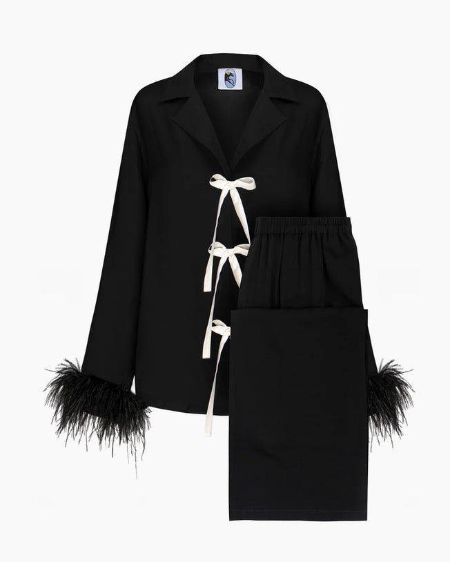 The Bow Pajama Set in Black with Detachable Feathers
