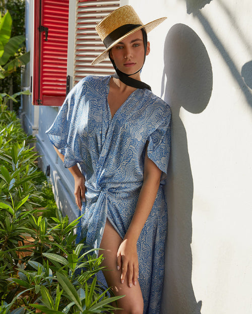 The Penelope Tunic in Coral Reef Ocean Blue Silk