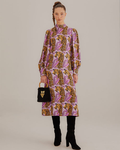 Tiger Leaves Lavander Midi Dress