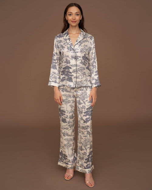 Toile de Jouy Silk Longsleeve Shirt and Pants Pyjama Set