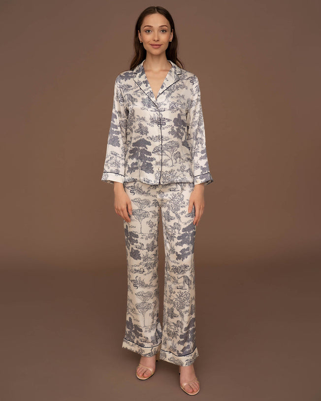 Toile de Jouy Silk Longsleeve Shirt and Pants Pyjama Set