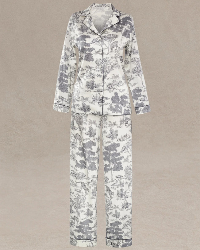 Toile de Jouy Silk Longsleeve Shirt and Pants Pyjama Set