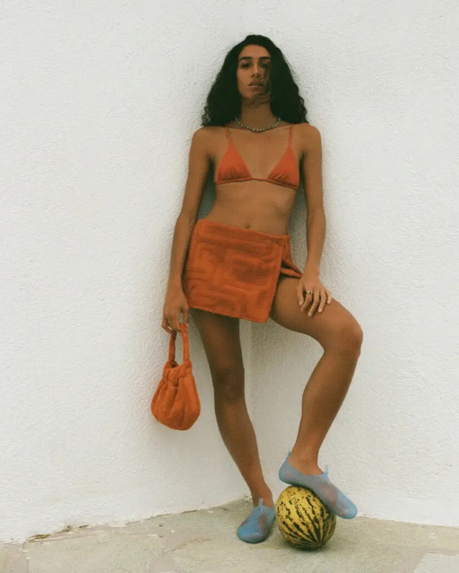 Towelling Wrap Skirt with Bucket Bag Set in Kin Clay Orange