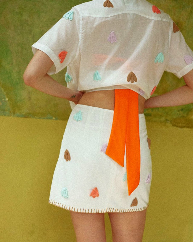 Crochet charms-embellished shirt + mini skirt set