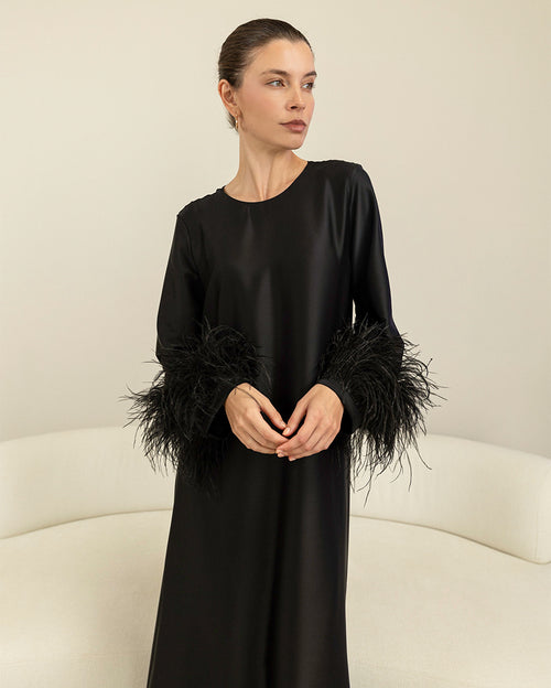 Trent Maxi Dress With Feather On Cuffs Detail Black