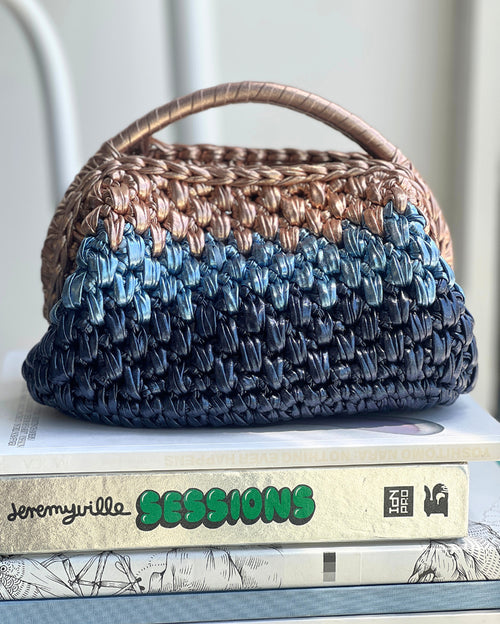 Tri-Color Grand Galactica Metallic Rope Basket Bag in Dark & Light Blue with Bronze Handle