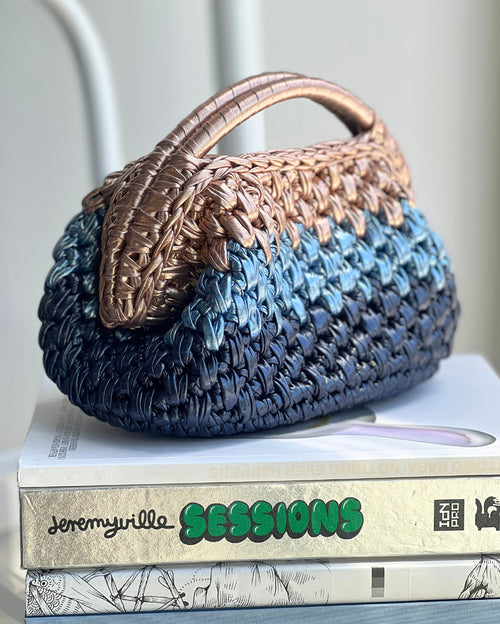 Tri-Color Grand Galactica Metallic Rope Basket Bag in Dark & Light Blue with Bronze Handle