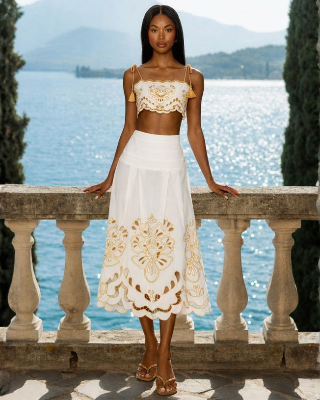 Tropi Embroidery Off-White Blouse and Skirts Set
