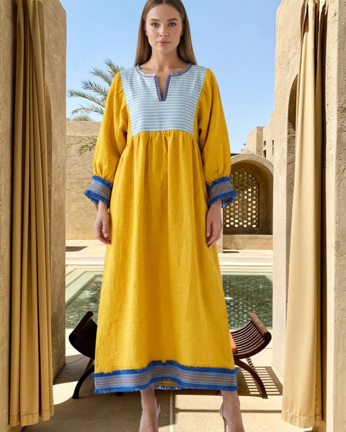 Tulum Ocra Linen Maxi Dress