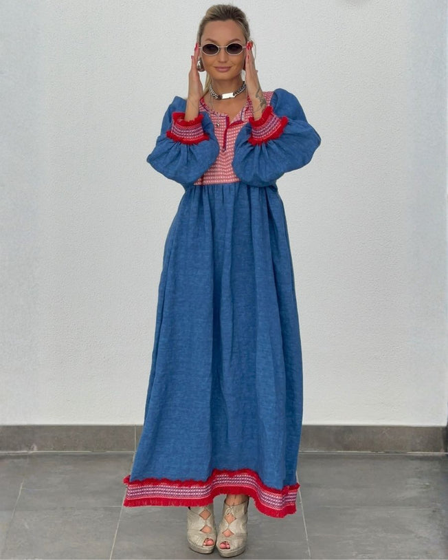 Tulum Blue Linen Maxi Dress