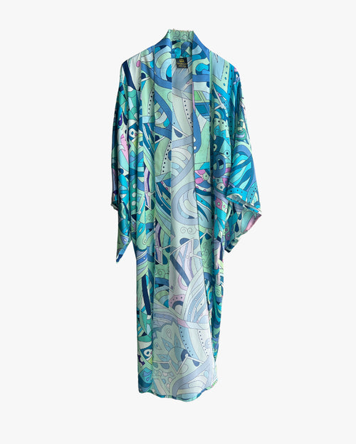 Turquoise Geometric Long Silk Kimono Coverup