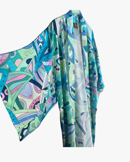 Turquoise Geometric Long Silk Kimono Coverup