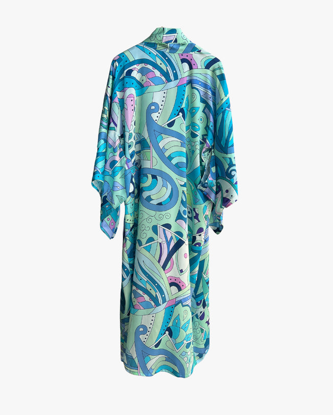 Turquoise Geometric Long Silk Kimono Coverup