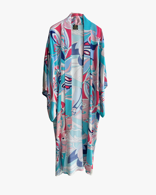 Turquoise Pink Abstract Long Silk Kimono Coverup