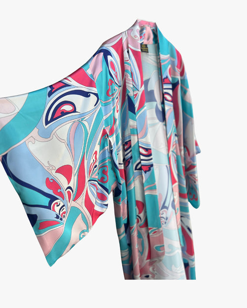Turquoise Pink Abstract Long Silk Kimono Coverup