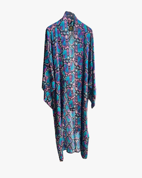 Turquoise Pink Snake Long Silk Kimono Coverup