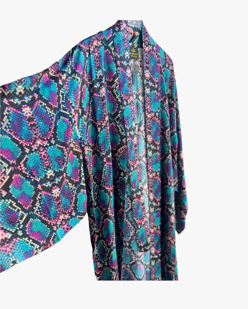 Turquoise Pink Snake Long Silk Kimono Coverup