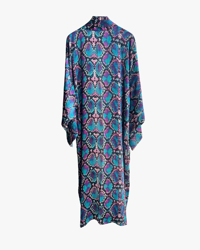 Turquoise Pink Snake Long Silk Kimono Coverup