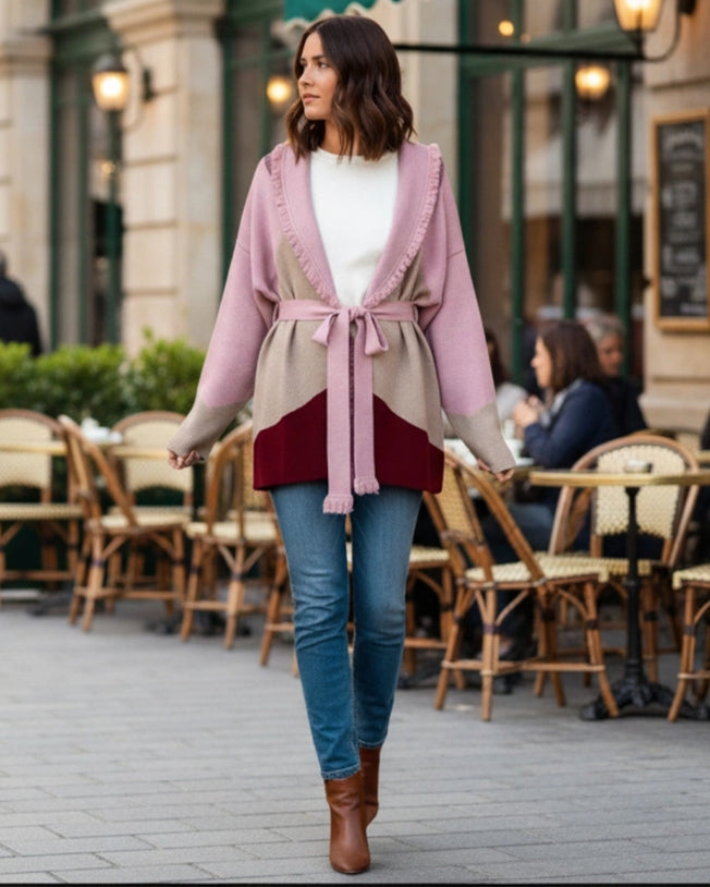 Twins Knit Cardigan with Belt - Pink