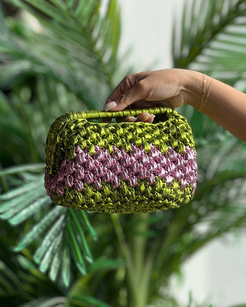 Two Color Grand Galactica Metallic Rope Lime Green & Pink Bag