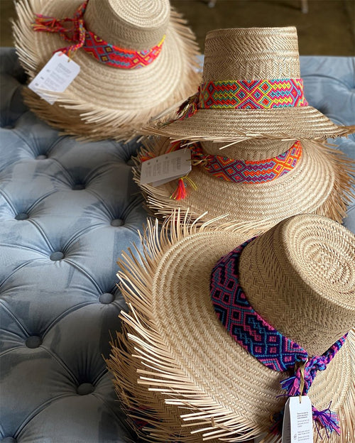 Wayuu fringe hat with blue friendship wrap