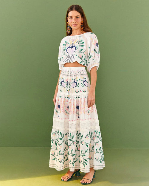 Summer garden embroidered crop top & maxi skirt set