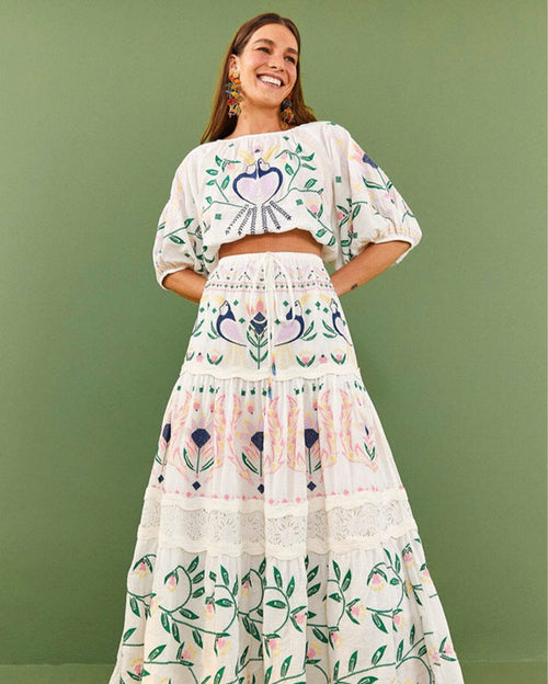 Summer garden embroidered crop top & maxi skirt set