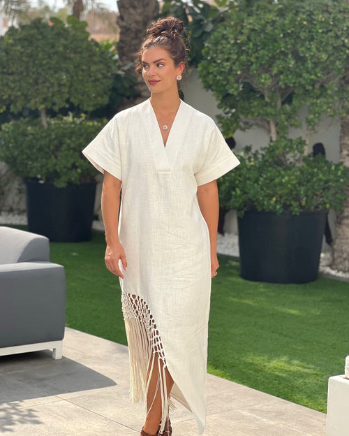 White linen blend dress