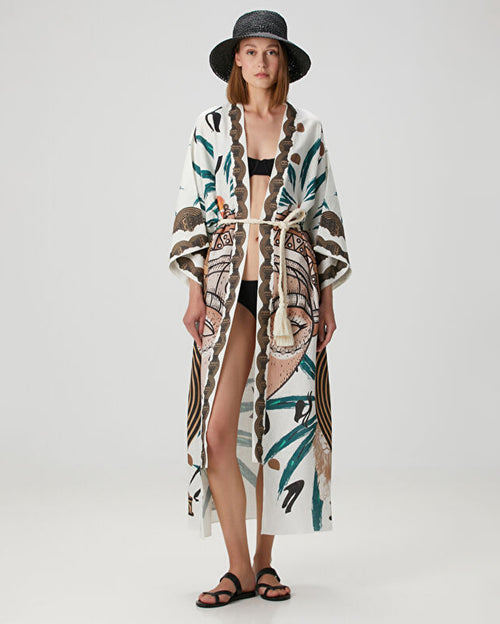 Jilda Hera Beyaz White Linen Kimono with Belt