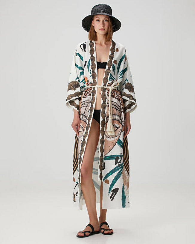 Jilda Hera Beyaz White Linen Kimono with Belt