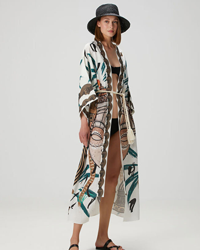Jilda Hera Beyaz White Linen Kimono with Belt