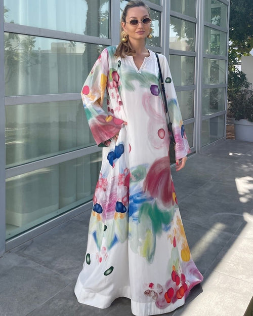 White HT Silk Round Neck with V-Slit and Pearl & Sequin Emb and Pin Tucks on Shoulder, Cherry Veil Digi-Print